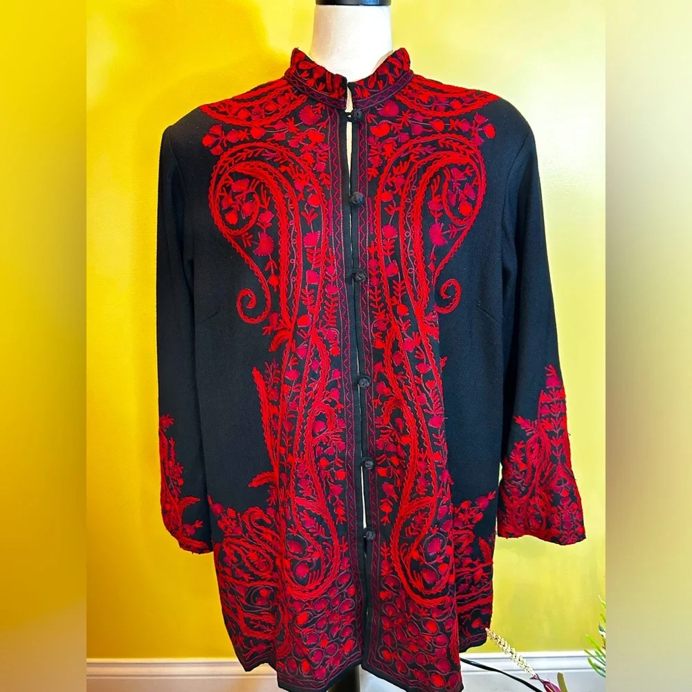 Black, red embroidered blazer oriental style button up. Wool. - Picture 1 of 8